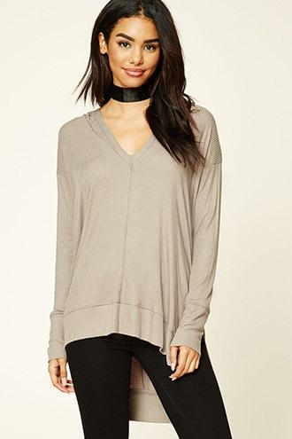 Forever21 Women's Taupe Ribbed Knit V-neck Hoodie