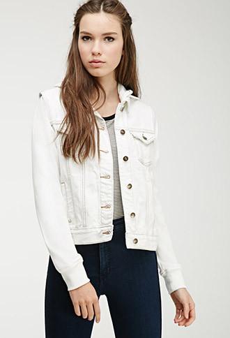 Forever21 Women's  Hooded Denim Jacket (light Denim/cream)