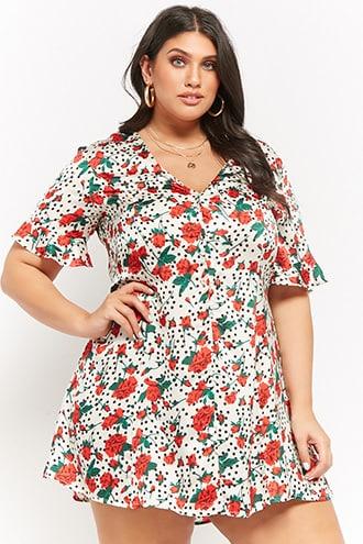 Forever21 Plus Size Floral Polka Dot Shirt Dress