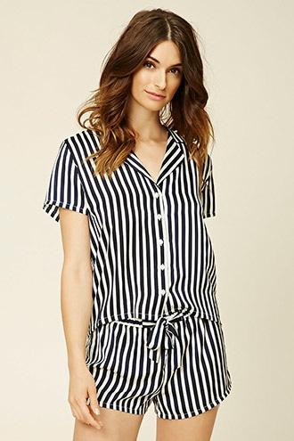 Forever21 Women's  Navy & White Stripe Shirt Pj Set