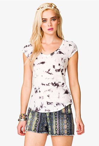 Forever21 Women's  Cream & Grey Linen-blend Tie-dye Tee