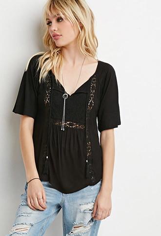Forever21 Women's Lace-paneled Slub Knit Top (black)