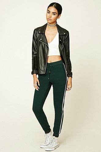 Forever21 Women's  Hunter Green & Cream Contrast Stripe Sweatpants