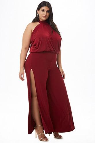 Forever21 Plus Size Sheeny Halter Split-leg Jumpsuit