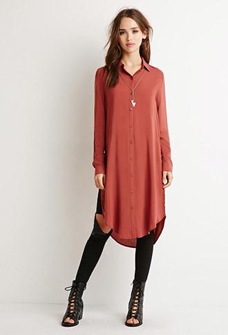 Forever21 Women's Longline High-slit Shirt (rust)