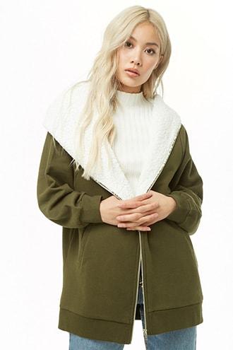 Forever21 Faux Shearling-lined Full-zip Hoodie