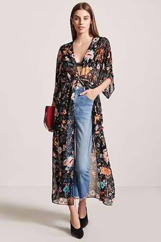 Forever21 Sheer Floral Chiffon Kimono Dress