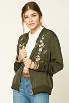 Forever21 Women's  Floral Embroidered Satin Jacket