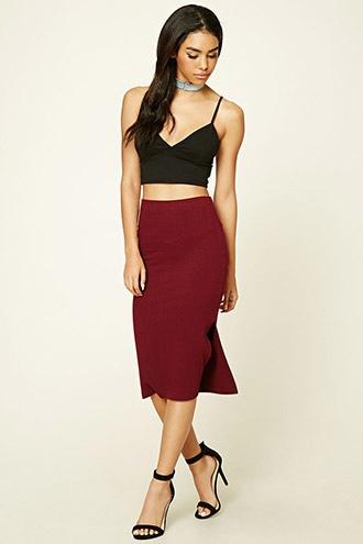 Forever21 Women's  Burgundy Ribbed Knit Pencil Skirt
