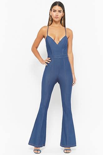 Forever21 Crisscross-back Flare Denim Jumpsuit