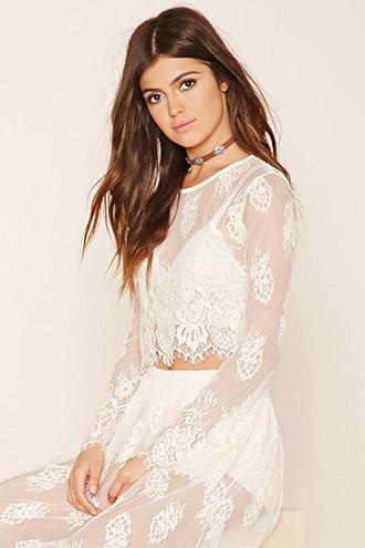 Forever21 Women's  Champagne Floral Eyelash Lace Top