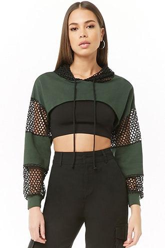 Forever21 Hooded Mesh-trim Crop Top