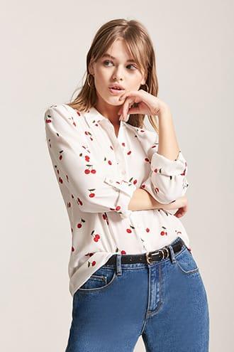 Forever21 Cherry Print High-low Shirt