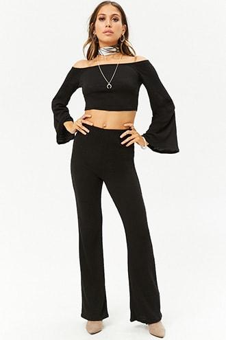 Forever21 Bell-sleeve Crop Top & Flared Pants Set