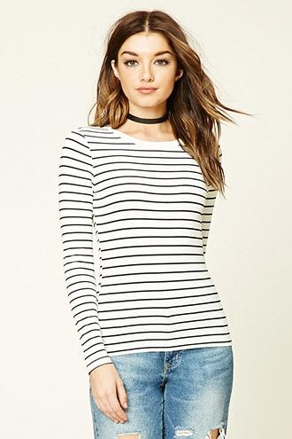 Forever21 Women's  Cream & Black Stripe Knit Long Sleeve Top