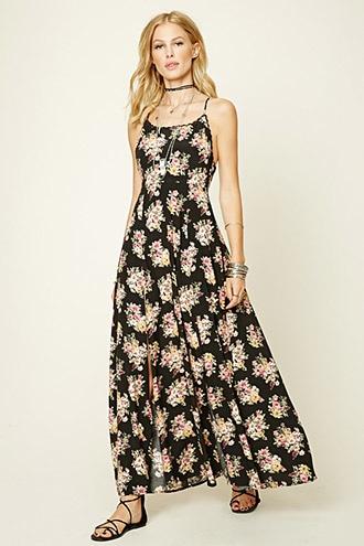Forever21 Women's  Black & Mauve Floral Print M-slit Maxi Dress