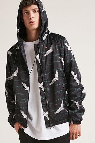 Forever21 Crane Print Zip Windbreaker