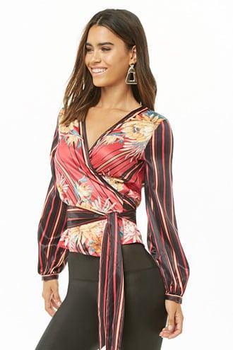 Forever21 Satin Striped & Floral Surplice Top