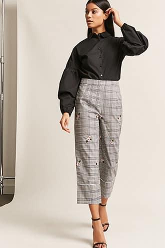 Forever21 Plaid Embroidered Floral Pants