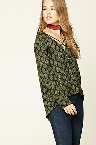 Forever21 Women's  Black & Olive Damask Crisscross Surplice Top