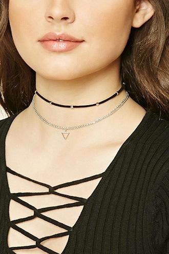 Forever21 Silver & Black Beaded Geo Choker Set