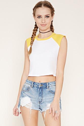 Forever21 Women's  White & Yellow Sleeveless Baseball Tee