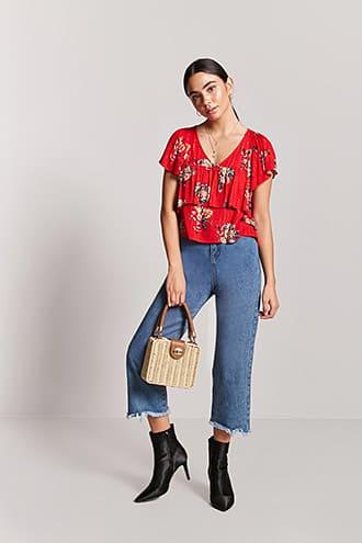 Forever21 Floral Metallic Striped Flounce Top