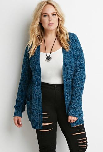 Forever21 Plus Women's  Marled Rib Knit Cardigan (teal/black)