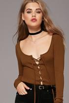 Forever21 Women's  Camel Lace-up Ribbed Knit Top