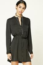 Forever21 Women's  Black Satin Button-front Shirt Dress