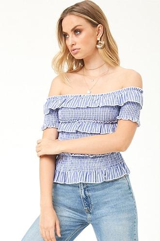 Forever21 Tee Ink Linen Striped Smocked Top