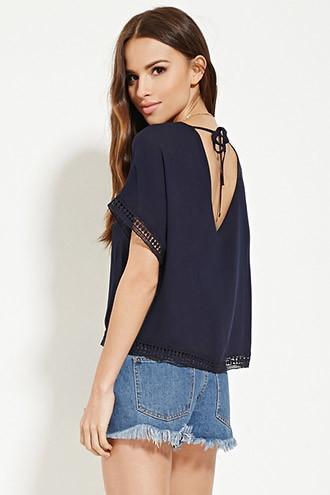 Forever21 Women's  Navy Crocheted V-cut Top