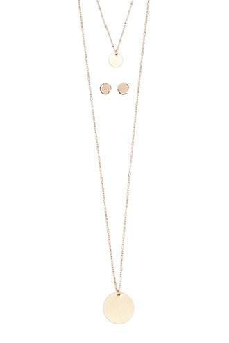 Forever21 Flat Disc Pendant Layered Necklace & Stud Earrings Set