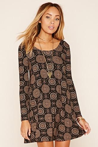 Forever21 Women's  Black & Tan Medallion Print Flared Dress