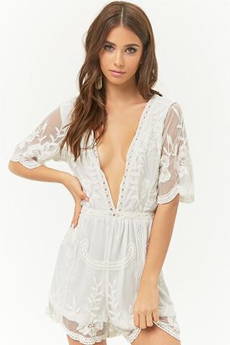 Forever21 Sheer Mesh Floral Embroidered Plunging Romper