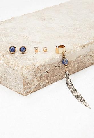 Forever21 Faux Stone Earring Set (antic Gold/blue)