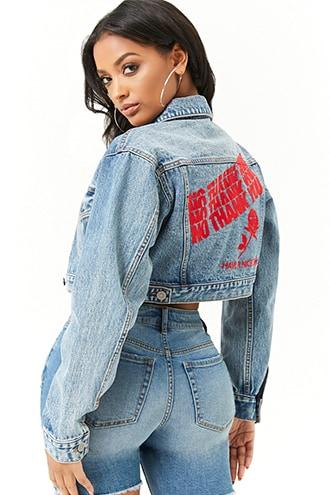 Forever21 Graphic Cropped Denim Jacket