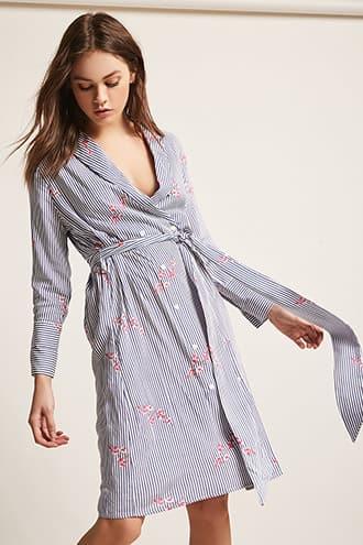Forever21 Rd & Koko Floral Print Pinstripe Shirt Dress