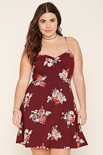 Forever21 Plus Women's Burgundy & Coral Plus Size Floral Cami Dress