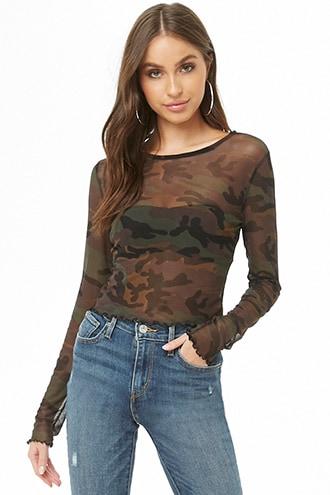 Forever21 Sheer Camo Lettuce-edge Top