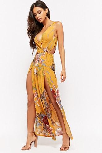 Forever21 Floral Slub Knit Surplice M-slit Maxi Dress