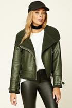 Forever21 Women's  Olive Faux Fur-lined Moto Jacket