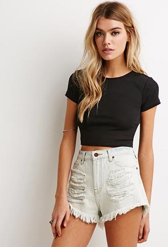 Forever 21 Ribbed Crop Tee Black X-small