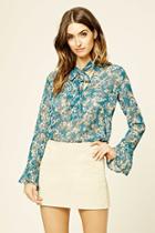 Love21 Women's  Teal & Tan Contemporary Floral Tie Top