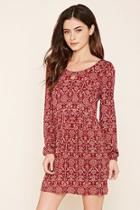 Forever21 Women's  Burgundy & Cream Abstract Floral Peasant Dress