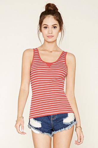 Forever21 Women's  Red & Cream Striped V-stitch Tank