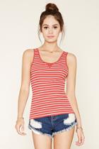 Forever21 Women's  Red & Cream Striped V-stitch Tank