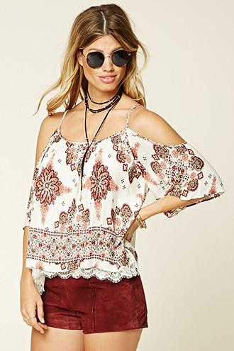 Love21 Women's  Cream & Rust Contemporary Open-shoulder Top