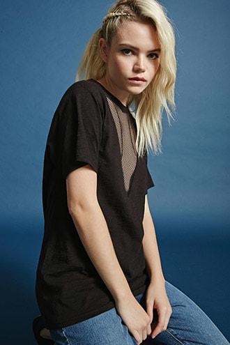 Forever21 Mesh Insert Slub-knit Tee