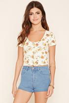 Forever21 Women's  Cream & Mustard Buttoned Floral Crop Top